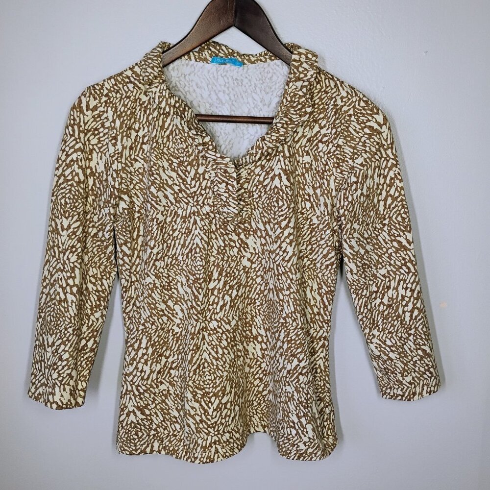 J McLaughlin Top Womens XS Brown White Durham Ruffle‎ Neck Catalina Cloth Preppy